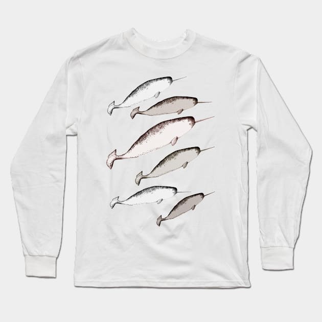 Narwhal Whales Swim Illustration Long Sleeve T-Shirt by LittleForest